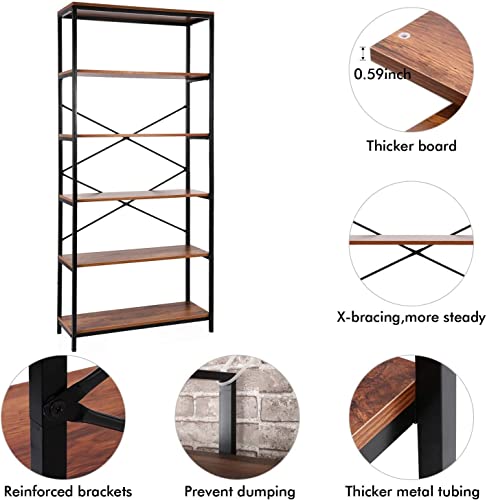 6 Tier Industrial Bookshelf 71" Tall Open Bookshelves And Bookcases Vintage Standing Storage Shelf Freestanding Display Shelf For Living Room Bedroom-Black Metal Frame & Wood(Us Stock) #TOP6