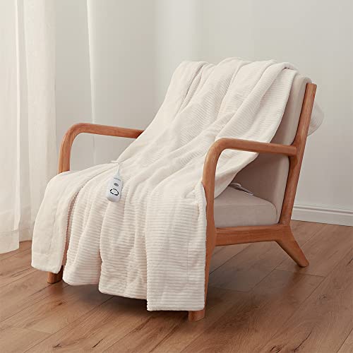 Berkshire Blanket Corduroy Stripe Electric Heated Throw | Dobby Textured Instant Warmth Electric Throw | Cream | 50" X 60" #TOP3