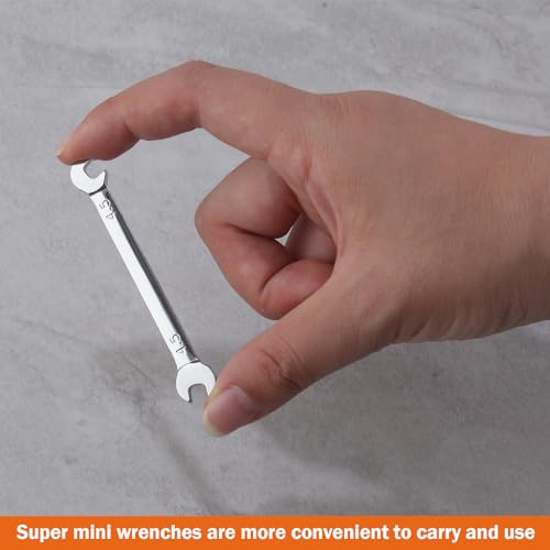 Mini Double Open End Wrench Set Metric and SAE 20 Pcs 4-11mm & 5/32" to 7/16" Mirror Chrome Finish Super Thin Open Ended Spanner Double Angle Head with Portable Storage Pouches