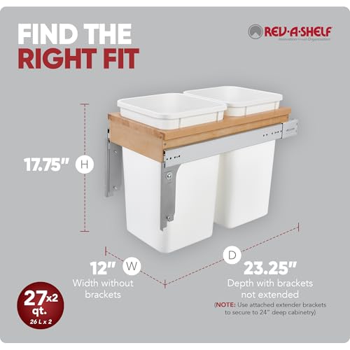 Image of Rev-A-Shelf Double Top-Mount Pullout Trash Can, Min Opening 12 inch W, 27 Qt