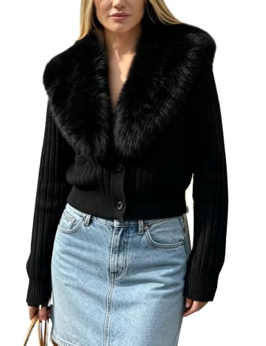 Image of Yimoon Faux Fur Collar Cardigan Sweaters for Women, Black, Small