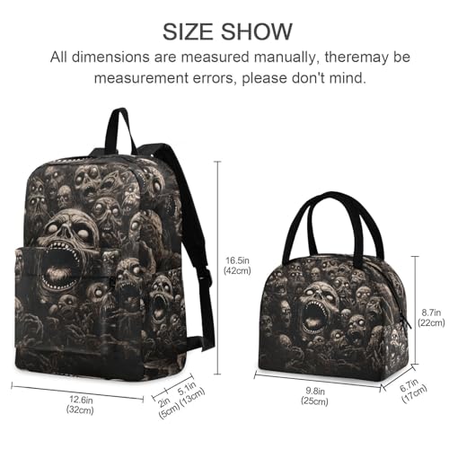 Backpack Lunch Box Set Large Capacity Travel Backpacks and Insulated Lunch Bag for Commute Hiking Picnic Zombies Faces Print2