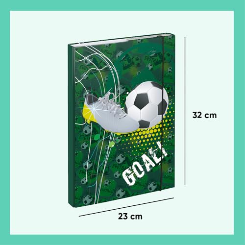 Baagl Heftbox für Schulranzen A4 - Sammelmappe für Kinder mit Gummiband und Innenklappen - Heftmappe, Sammelbox mit Gummizug für Jungen (Fussball Goal)