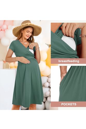 OUGES Sommer Womens Mutterschaft Kleider V-Ausschnitt Midi Sundress Krankenpflege Kleid Casual Floral Stillen Kleid mit Taschen -M