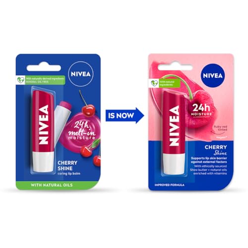 Image of NIVEA Cherry Shine 4.8g Lip Balm|24 H Melt in Moisture Formula|Natural Oils|Glossy Finish,4.8 g (Pack of 1)