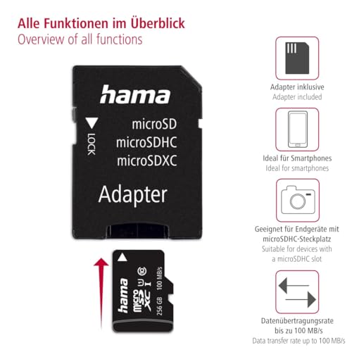 Hama Karta pamięci micro SDXC 265 GB C10, 80 MB/s + adapter SD (UHS Speed Class 1, szybki transfer, pamięć) czarna