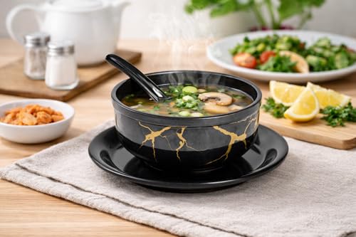 Image of Ariya Melamine Soup Bowl Set | Set of 6 | Black-Golden | 350 ml | with Spoon & Saucer | Microwave & Dishwasher Safe | Premium Serving Bowls for Soup, Noodles & Pasta | Durable Serving Bowls Sets
