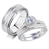 Newshe Jewellery Wedding Rings Set for Him and Her Women Mens Tungsten Bands Cubic Zirconia Round 925 Sterling Silver Engagement Bridal Promise Size 10&7