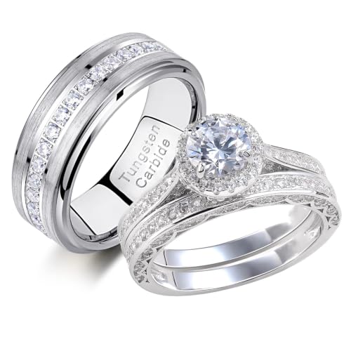 Newshe Jewellery Wedding Rings Set for Him and Her Women Mens Tungsten Bands Cubic Zirconia Round...