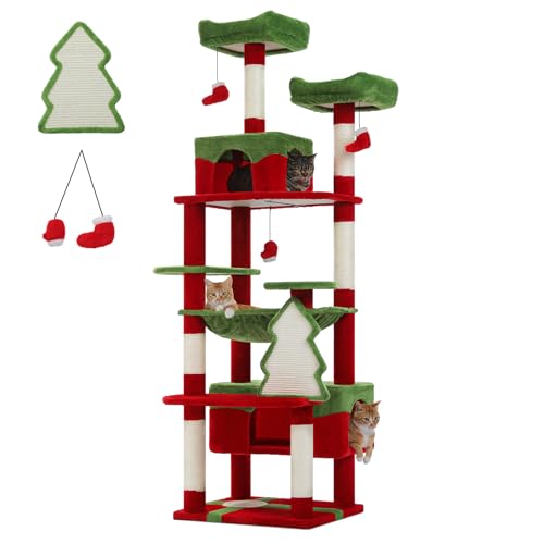 PAWZ Road Christmas Cat Tree 72 Inches Tall Cat Tower with 2 Perches 2 Condos and Spacious Hammock Attractive Cat House with Xmas Tree Scratcher 7 Scratching Posts for Large Cats