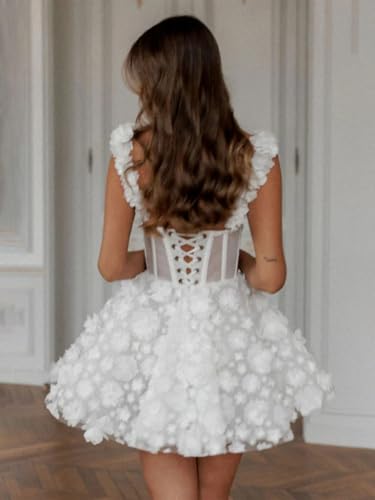 Image of Simple Tulle Short Wedding Dresses for Bride Elegant Spaghetti Straps Tea Length Bridal Shower Dress for Women