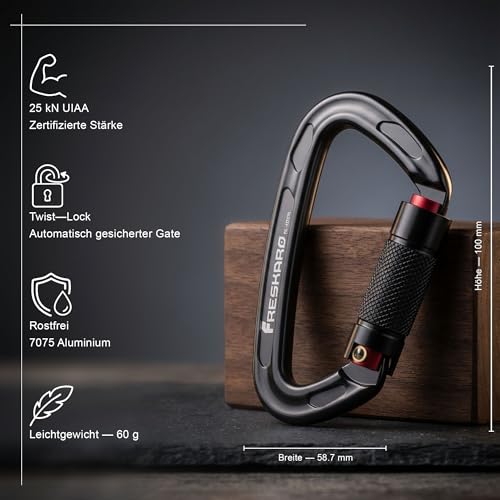 FresKaro Kletter Karabiner, Schraubkarabiner mit Große öffnung, Karabinerhaken Klettern, Carabiner Schwarz Matt, Schraubverschluss Groß, für Hängematte, Feuerwehr, Extra Stark 2550kg, 2 Stücke