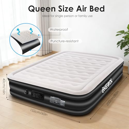 dkesdk Air Mattress Queen with Built in Pump,Comfortable Waterproof Flocked Surface Inflatable Mattress for Temporary Family Stays and Travel,16-Inch Blow Up Mattress Inflates in 3 Minutes