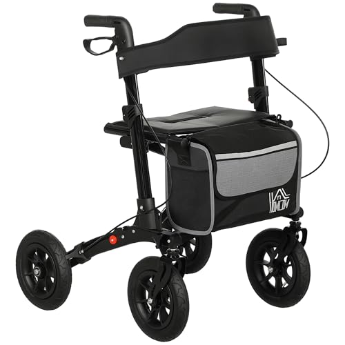 HOMCOM Déambulateur 4 roues pliable, rollator en aluminium léger, siège rembourré, dossier, poignée réglable, sac rangement, double frein, roues tout-terrain,...