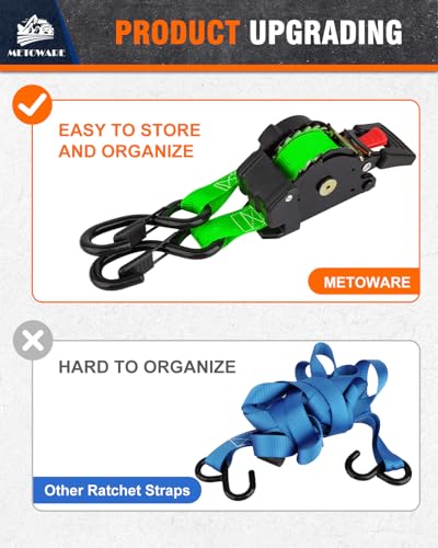 Image of METOWARE Retractable Ratchet Straps (2-Pack) - 1 in x 10 Ft (1500lb Break Strength) - Heavy Duty Auto Self Retracting Tie Down Straps for Truck, Trailer, Cargo Van, Motorcycle - Green