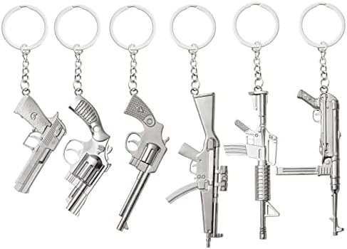Juvale 6-Pack Mini Gun Keychains for Men, Silver Metal Pistol Key Ring Pendants (6 Assorted Designs)