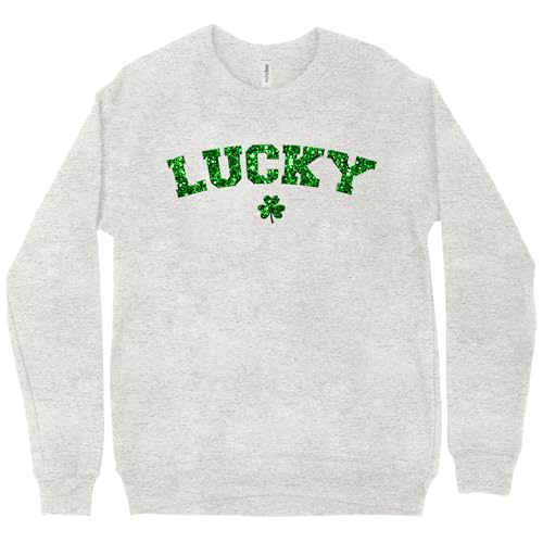 NICHEBEE Lucky Shamrock Glitter Sweatshirt, St. Patrick's Day, Gray Crewneck