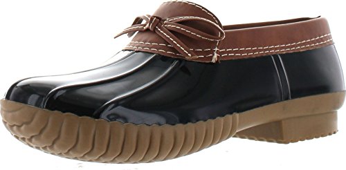 Axny Dylan-10 Women's Two Tone Bow Accents Slip-On Rain Loafer Flat Duck Shoes,Black,6.5 #TOP19