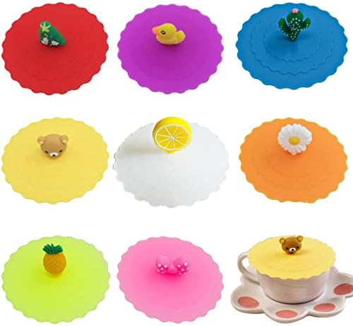 8 Pcs Silicone Glass Cup Covers 4 Inch Cartoon Silicone Glass Cup Cover Reusable Anti-Dust Cup Covers Creative Cute Coffee Drink Cover (8 Colors)