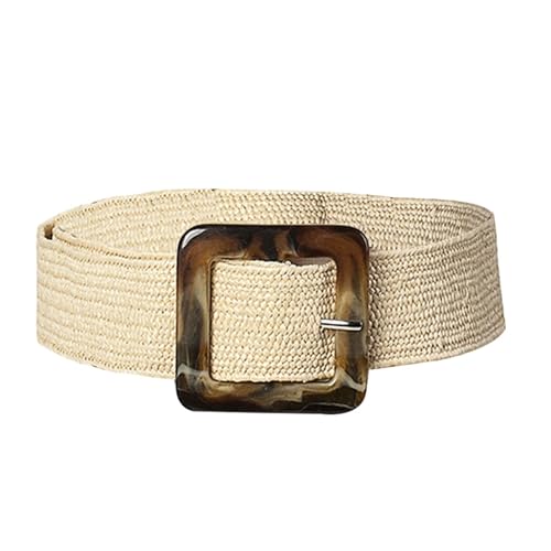 Casual Ultra Wide Belt Female Woven Vintage Carved Wood Buckle Elastic Belt for Skirts, High-Waisted Pants
