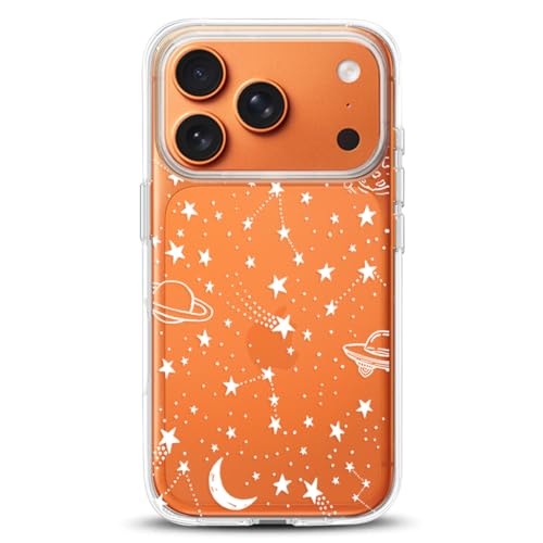 Coque iPhone 17 Pro transparente espace et planetes antichoc pour femme