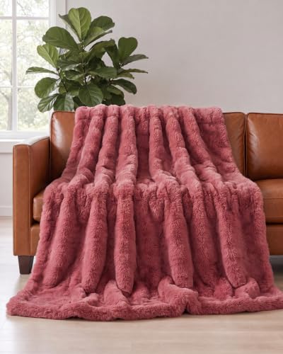 Faux Fur Throw Blanket - Throw Size Bubble Blanket - 50" x 60", Dusty Rose