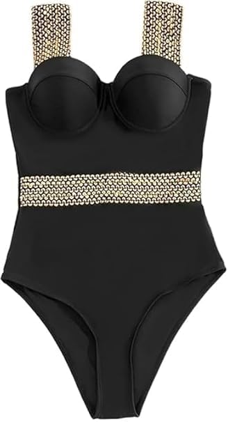 Women’s Black Padded Bra Bodysuit | One Piece Lingerie with Wide Gold Straps & Waistband | Push-Up Shapewear Style - small-image-1