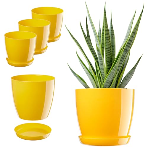 KADAX Blumentopf, Pflanzkübel-Set mit Untersetzer, Blumenkübel aus Kunststoff, runder Pflanztopf für Innenbereich, Übertopf für Blumen und Zimmerpflanzen, Kräutertopf (Set 3: 20cm, Gelb)