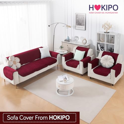 Image of HOKIPO Quilted Sofa Cover 5 Seater Set (3+1+1) - Sofa Cover for Seat & Back | 'Quilt Classic' Maroon (IN-927 * 2+925 * 4-MRN)