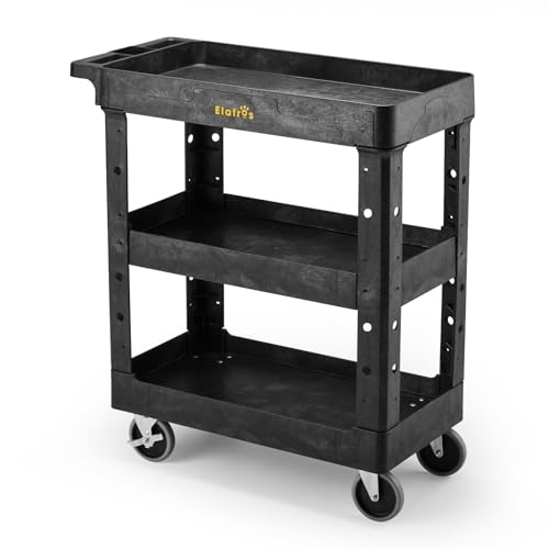 ELAFROS 3 Shelf Heavy Duty Utility Cart, 34" x 17" x 38.5", Rolling Work Cart with 4 Swivel Wheels, Deep Shelves, Safely Holds up to 550 lbs 3-Tier Service Tool Cart, Black