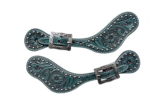 BLACK HOOF | Turquoise | Floral Tooled Leather Spur Straps with Silver Spots for Horse Riders | Western Men, Women, Adjustable Single Ply Spur Straps | Equestrian Accessories - image 2