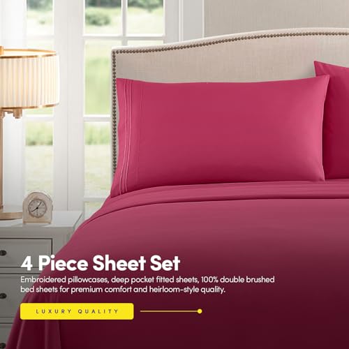 California King Size Sheet Set with Built-in Sheet Straps - Deep Pocket Fitted Sheet, Flat Sheet & Pillowcases - Soft, Wrinkle-Free, Secure Fit - Fuschia