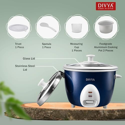 Image of DIVYA 0.6 L Drum Electric Rice Cooker for Home | 300 W | Double Pot Anodised Aluminium | Glass & Stainless Steel Lid | Cook & Keep Warm Function | Compact Rice Cooker | Blue