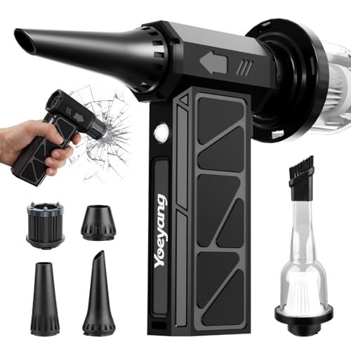 Compressed Air Duster Industry-First O-Shaped Air Duct with 13-Blade Dual-Layer Turbo Fan 6-in-1 Cordless Mini Blower Vacuum & Inflator 4-Speed LED Light & Window Breaker for Car Home Space Black