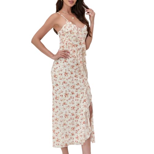 Image of Women's Spaghetti Strap Ruffle Side Split Long Dress Bodycon Beach Maxi Dresses