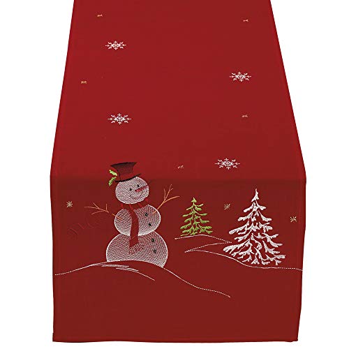 DII Embroidered Holiday Table Décor Collection Christmas Kitchen, Snowman Table Runner, 14x70, Red