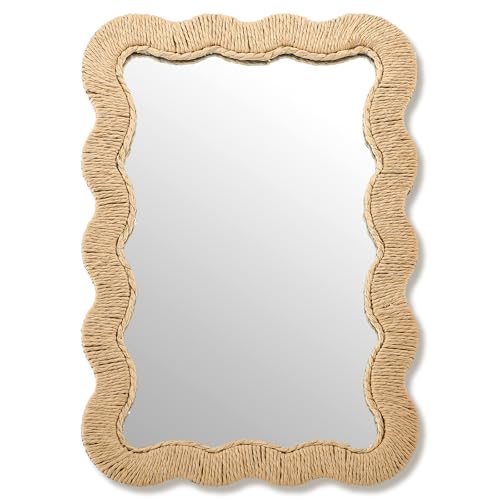 Junkin Boho Rattan Mirror Natural Wicker Scalloped Coastal Mirror with Decorative Rattan Frame Boho Coastal Decor for Bathroom Living Room Entryway Decor(Rectangle 10.4 x 15.8 in)