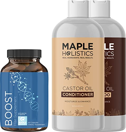 Volumizing Shampoo and Conditioner with Biotin Supplement - Biotin for Hair Growth Supplement Plus Castor and Biotin Shampoo and Conditioner Set - Biotin Hair Supplement for Hair Growth Women and Men