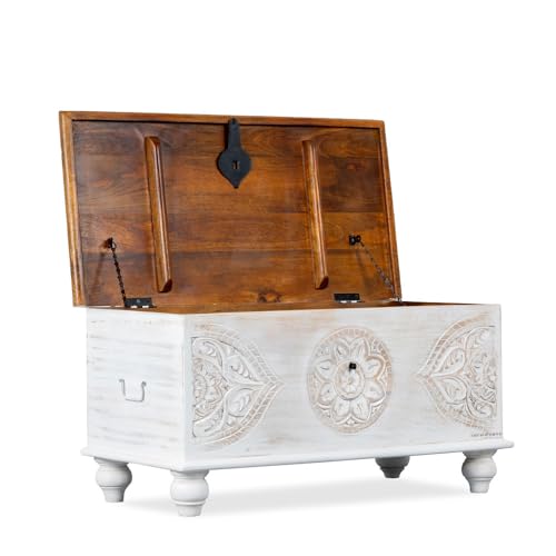 Image of Devin Wooden Trunk Box for Storage | Solid Wood Coffee Table for Living Room | Center Coffee Table with Storage | Front Wooden Carved Sandook Pitara for Home Decor & Bedroom (White Distress)