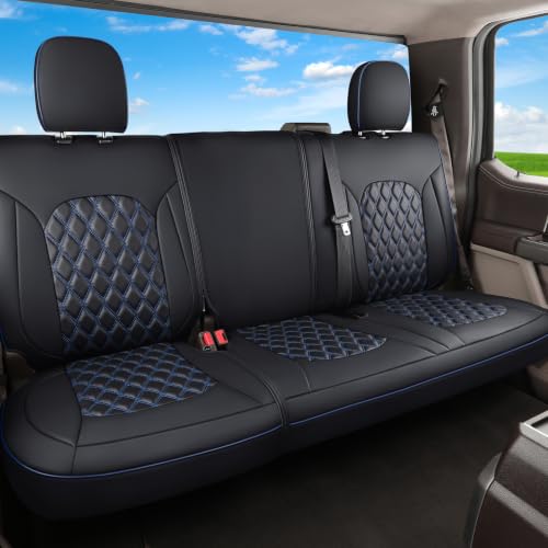 Image of Huidasource Custom Fit Ford F150 Rear Bench Split Leather Seat Covers Fit for 2015-2026 F150 SuperCrew & 2017-2026 F250 F350 F450 Super Duty Crew Cab Pickup King Ranch Platinum(Back Row /Black&Blue)