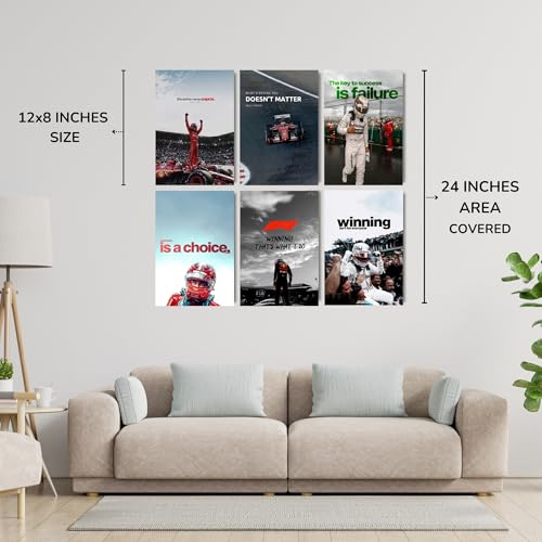 Image of Posters Inc Sports F1 Cars Motivational Posters for Wall A4 Size Aesthetic Setup 300 GSM Matte Paper Pack of 6 Automotive Motorsport Decor for Boys Gaming Room, Bedroom, Home & Office with Adhesive
