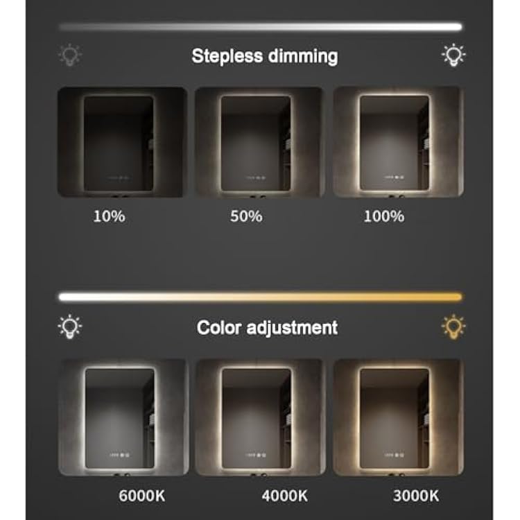 Bathroom Mirror with LED Lights,Illuminated Wall Mounted Vanity Mirror, Anti-Fog, 3 Colors Dimmable Light, Demister Mirror with Backlit Lights for Bathroom,Waterproof(A,W50*H70cm/W19.7*H27.6IN)