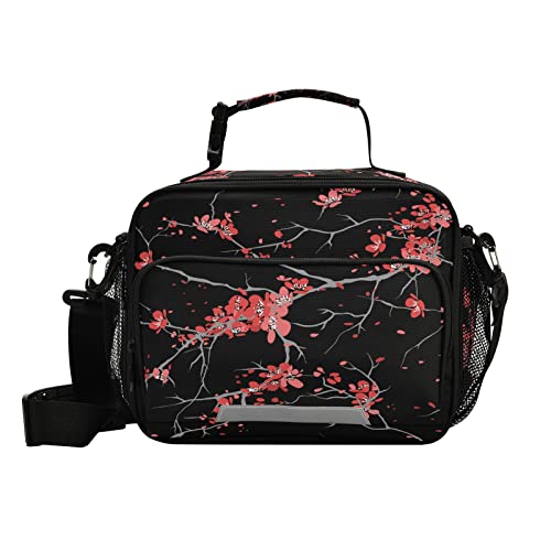 KOCOART Red Cherry Blossoms Insulated Lunch Bag Large for Women Men Japanese Flower Cooler Tote Bag with Adjustable Shoulder Strap Reusable Picnic Lunch Box Outdoor for Adult Office