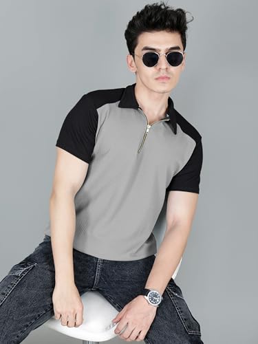 Image of London Hills Men's Loose Fit Half Sleeve Color Block Polo T-Shirt with Zip Collar | Premium Polyester Fabric | T Shirt for Man | Tshirt | Shirts Men | Tshirt for Man | Men T-Shirts