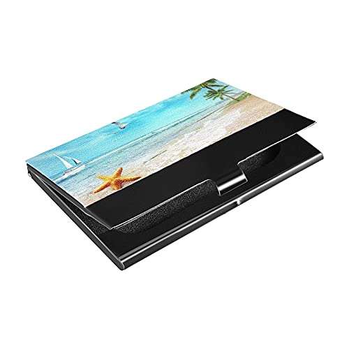xigua Business Card Holder,Blue Sea Ocean Beach Metal Men's Women's Credit Card & Holder Wallet Fashionable Durable Portable Business Card Case