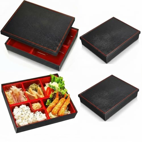 Teenyyou 4 Pcs 12 x 9.5 x 2.2 inches Japanese Bento Box Adult 6 Compartments Divided Japanese Food Presentation with Greaseproof Restaurant Bento Tray Sushi Tray Gift for Sushi Home Restaurant