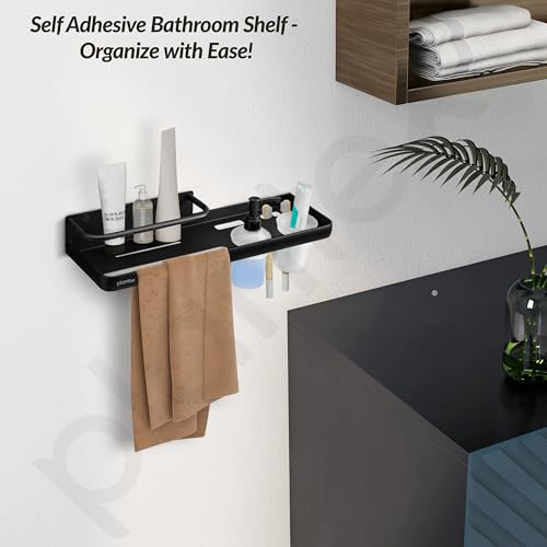 Image of Plantex 4 in 1Shelf for Bathroom /Aluminium Bathroom Shelf Rack /Self Adhesive Bathroom Shelf /Liquid Soap Dispenser /Tooth Brush Holder /Towel Hanger Space /Bathroom Accessories Set-(Pack-1, Black)