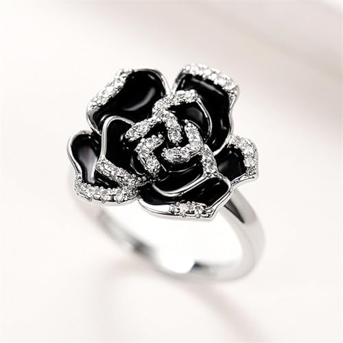 White Gold Plated Cubic Zirconia Vintage Black Enamel Flower Design Statement Ring Personalized Accessory Ideal for Women's Daily Casual Wear Party Holiday Anniversary Love Jewelry Gift