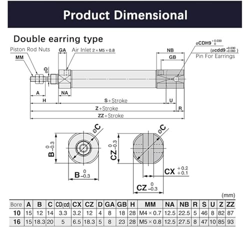 Vérin pneumatique CDJ2B pour espace restreint mini cylindre 16mm course 150mm