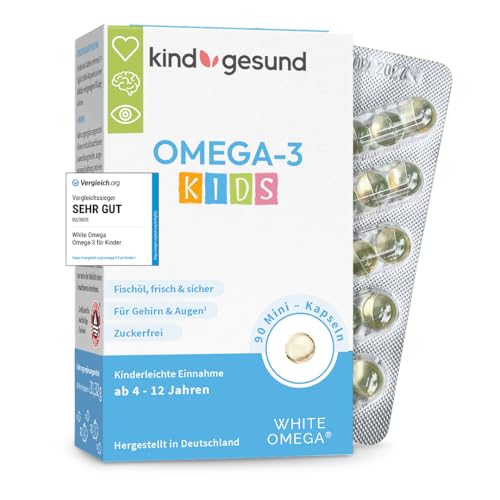 Omega 3 Kinder - Vergleichssieger 2025-518mg Fischöl: 293mg DHA & 173mg EPA - zuckerfrei kein Fischgeschmack leicht zu schlucken - Omega 3 Kids Fischöl Kapseln - White Omega Kids 90 Mini Pearlz